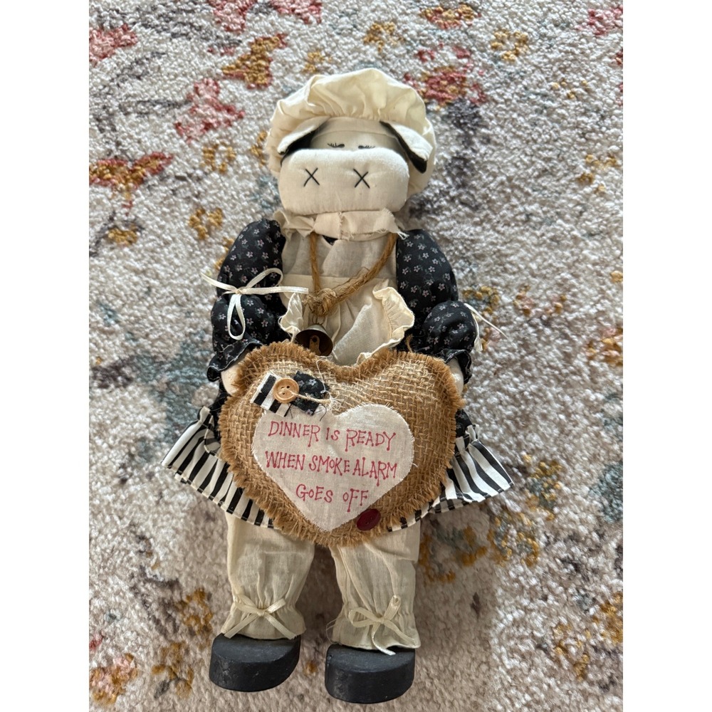 Primitive Farmhouse Cow Doll Chef Hat Burlap Sign Dinner Smoke Alarm 15 Inch